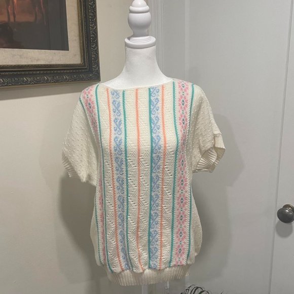 Vintage 80’s Cream & Pastel Striped Short Sleeve Sweater  By Bay Point Trading - Picture 1 of 4